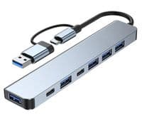 Хаб USB Fenvi F-TUH7, Grey, Type-C / USB 3.0 - 2xType-C / 1xUSB 3.0 / 4xUSB 2.0, кабель 12 см, алюмінієвий корпус