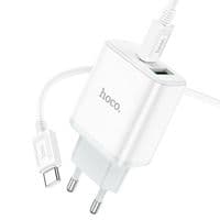 Набор СЗУ 110-240V HOCO C105A+ Type-C кабель, USB-C+USB, PD20W+QC3.0, кабель 1м, White, Box
