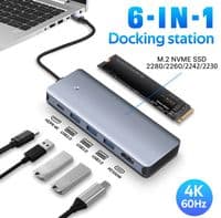 Хаб USB Fenvi "6-in-1", Grey, Type-C 3.1 - 1xType-C (100 Вт) / 3xUSB 3.0 / HDMI 4K / M.2 NVMe, кабель 12 см, алюмінієвий корпус, чохол