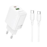 Зарядное устройство BOROFONE BN27 Fuente 1xUSB-C PD20W + 1xUSB QC3.0 + cable USB-C to USB-C White (6941991120282)