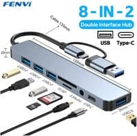 Хаб USB Fenvi F-TUH8, Grey, Type-C/USB 3.0 - 1xType-C/1xUSB 3.0/3xUSB 2.0/microSD/SD/3.5 мм, кабель 12 см, алюмінієвий корпус