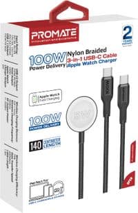 Дата кабель USB-C на 2xUSB-C 100 Вт + Apple Watch 5 Вт 1.4 м FUSION-CCW черный Promate (fusion-ccw.black)