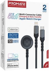 Дата кабель USB-C на Lightning 27 Вт + USB-C 60 Вт + Apple Watch 2,5 Вт 1,5 м icharge trio черный Promate (icharge-trio.black)
