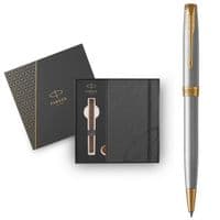 Ручка шариковая Parker SONNET 17 Stainless Steel GT BP + блокнот Parker + подар.упак. GIFT24 (84 132b24)