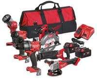 Набір із шести акумуляторних інструментів Milwaukee M18 FPP6G3-502B 18В шурупокрут-дриль M18 FPD3 гвинтоверт ударний M18 FID3 кутова шліфувальна машина M18 FSAG125X пила дискова M18 CCS55 пилка шабельна M18 FSZ ліхтар M18 TLED-0 акб М18 2х5А·год ЗП M12-18FC TURBO сумка