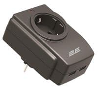 Мережевий адаптер 2E 1XSchuko із захистом від сплесків напруги, 2*USB-A, чорний