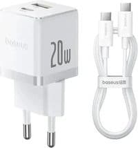 Зарядное устройство Baseus 1xUSB-C 20W + 1xUSB white + cable USB-C to USB-C 60W 1.0m (P10111608213-01)