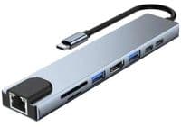 Хаб USB GTL "8-in-1", Grey, Type-C 3.1 - 1xType-C (100 Вт) / 1xType-C 2.0 / 1xUSB 3.0 / 1xUSB 2.0 / HDMI / GLan / microSD / SD, кабель 15 см, алюмінієвий корпус (GTL)