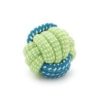 Іграшка для собак мотузка-апорт із вузлами. Форма м'яч з вузлами. Діаметр 6 см. Колір зелено-синій.