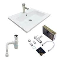 Набір для ванної кімнати, раковина, умивальник Adamant FLATE 60, штучний камінь, прямокутний із сифоном Click-Clack + змішувач