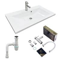 Набір. Раковина Adamant QUANTO 80, штучний камінь, прямокутна із сифоном Click-Clack + змішувач