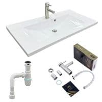 Набір. Раковина Adamant QUANTO 90, штучний камінь, прямокутна із сифоном Click-Clack + змішувач