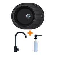 Набор кухонный Adamant Ovum, искусственный камень, овальная, с крылом, 615х495х200мм, чаша – 1, врезная, черный + смеситель и дозатор