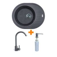 Набор кухонный Adamant Ovum, искусственный камень, овальная, с крылом, 615х495х200мм, чаша – 1, врезная, серый + смеситель и дозатор