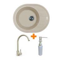 Набор кухонный Adamant Ovum, искусственный камень, овальная, с крылом, 615х495х200мм, чаша - 1, врезная, Avena + смеситель и дозатор