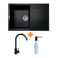 Набор кухонный Adamant Horizon, искусственный камень, прямоугольный, с крылом, 780х495х230мм, чаша - 1, врезная, черный + смеситель и дозатор