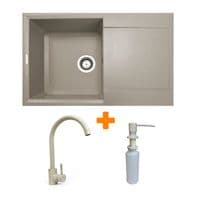 Набор кухонный Adamant Horizon, искусственный камень, прямоугольный, с крылом, 780х495х230мм, чаша - 1, врезная, Avena + смеситель и дозатор