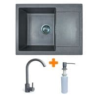 Набор кухонный Adamant Minimal, искусственный камень, прямоугольный, с крылом, 615х495х200мм, чаша - 1, врезная, серый + смеситель и дозатор