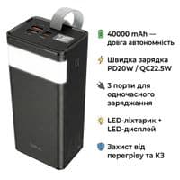 Батарея універсальна HOCO 40000mAh Powermaster PD/20W, QC/22.5W, Lamp, Black (J86 / 714737)