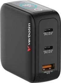 Настенное мини-зарядное устройство Verbatim с дисплеем Mini GaN 100 Вт, 3 порта (2xUSB-C/1xUSB-A)