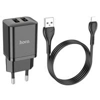 Набор СЗУ HOCO N25 + кабель Lighting, 2xUSB, 2.1A, кабель 1м, Black, Blister