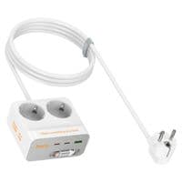 Сетевой фильтр HOCO AC28A на 2 розетки + 1 USB + 3 USB-C, 45W, 220В, кабель 2м, White, Box