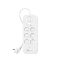 Подовжувач мережевий Belkin 2м, 6хТипE, 16А, USB-A/USB-C 18Вт, фільтр, білий