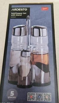 Набор для соли и перца на подставке Ardesto Gemini, 20.5см, 5 предметов, нержавеющая сталь, стекло, прозрачный