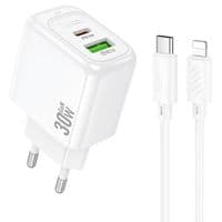 Набор СЗУ HOCO CS55A + Type-C / Lighting кабель, 1xUSB+1xUSB-C, PD30W+QC3.0, кабель 1м, White, Box