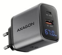 Мережевий зарядний пристрій з дисплеєм AXAGON ACU-PQ67D, 2x port (USB + USB-C), PD3.0/QC4+/PPS/Apple, 67W, сірий