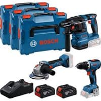 Набір із трьох акумуляторних інструментів Bosch Professional 18В дриль-шурупокрут GSR 18V-65, перфоратор GBH 18V-22, Шліфмашина кутова GWS 18V-8, акб 2x5А·год, ЗП 3 кейси L-BOXX 136