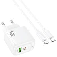 Набор СЗУ HOCO CS55A + кабель Type-C / Type-C 1xUSB+1xUSB-C, PD30W+QC3.0, кабель 1м, White, Box