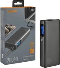 Универсальная мобильная батарея 20000 mAh, Videx VPB-323, Black, 130 Вт, 2xType-C (100 Вт/60 Вт, PD3.0)/1xUSB (30 Вт, QC3.0), TFT LCD дисплей (VPB-323-