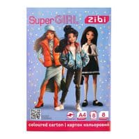 Кольоровий картон ZiBi двосторонній (целюлозний) SUPER GIRL, А4, 8 кольорів - 8 аркушів (ZB.1959-10)