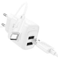 Набор СЗУ 110-240V HOCO C141A + кабель Type-C, 2xUSB, PD20W, 1м кабель, White, Box