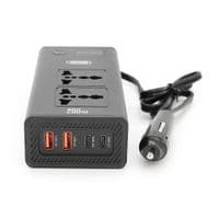 Інвертор напруги XO CZ027 (DC:200W), 12/220V з апроксимованою синусоїдою, 2 універсальні розетки, 2*USB-A, 2*USB-C, в прикурювач, BOX