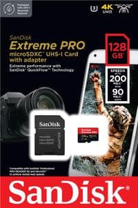 Карта памяти SanDisk 128GB microSDXC C10 UHS-I U3 R200/W90MB/s Extreme Pro V30+SD