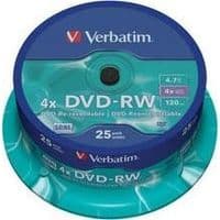 Диск DVD-RW Verbatim 4.7Gb 4x CakeBox 25 шт silver (43639)