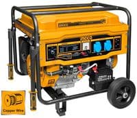 Бензиновый генератор INGCO GE55003, выходная нагрузка 230 В, номинальная мощность 5 кВт, объем двигателя 389 см3, объем топливного бака 25 л.