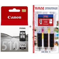 Картридж Canon PG-510, Black, MP240/250/260/270/480/490, MX320/330, 9 мл + заправний набор WWM 3x20 мл чорнила C10/BP (Set510-inkB)