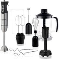 Блендер Liberton LHB-0307 Black, 1000W, погружной, плавная регулировка скорости + Турбо, аксессуары: венчик для взбивания, мерный стакан (600мл), чаша измельчителя (1250мл), насадка-миксер, крюк для теста, насадка для пюре,