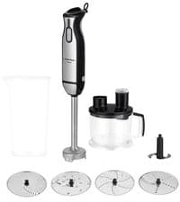 Блендер Liberton LHB-0308 Black, 1000W, занурювальний, плавне регулювання швидкості+Турбо, вінчик для збивання, мірний стакан (600мл), мультиподрібнювач (1750мл), диски для грубого і дрібного нарізання овочів і фруктів, тертка, насадка для нарізання солом