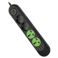 Сетевой фильтр F01U, 2 розетки EU + 2 розетки Universal + 3 USB, 1.5 м, сечение 3х0,75мм, 2500W, Black, Box