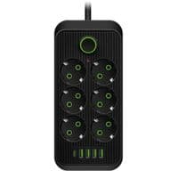 Сетевой фильтр F07U, 6 розеток + 4 USB + 1PD, кнопка включения с индикатором, 2 м, 3х0,75мм, 2500W, Black, Box