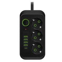 Фільтр мережі F09U, 3 розетки EU + 4 USB + 1PD, кнопка включення з індикатором, 2 м, 3х0,75мм, 2500W, Black, Box