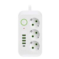 Сетевой фильтр F09U, 3 розетки EU + 4 USB + 1PD, кнопка включения с индикатором, 2 м, 3х0,75мм, 2500W, White, Box