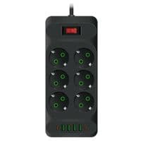Мережевий фільтр F33U, 6 розеток EU + 4 USB + 2 PD, кнопка включення з індикатором, 2 м, 3х0,75 мм, 2500W, Black, Box
