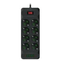 Сетевой фильтр F34U, 8 розеток EU + 4 USB + 2 PD, кнопка включения с индикатором, 2 м, 3х0,75мм, 2500W, Black, Box