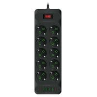 Мережевий фільтр F35U, 10 розеток EU + 4 USB + 2 PD, кнопка включення з індикатором, 2 м, 3х0,75 мм, 2500W, Black, Box