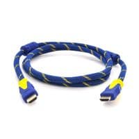 Кабель Merlion HDMI-HDMI 5.0m, v1.4, OD-8.0mm, 2 фильтра, оплетка, круглый Blue / Gold, коннектор Blue-yellow, (Пакет) Q100